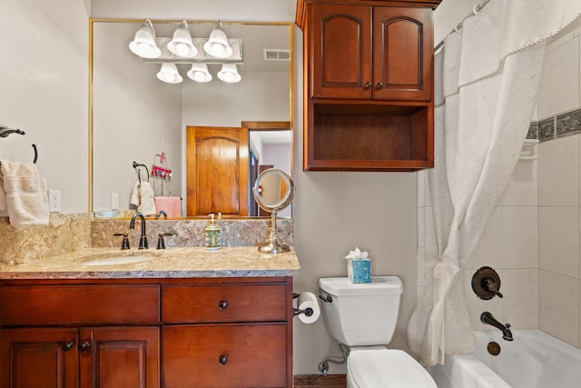 bathroom with vanity, shower / bath combination with curtain, toilet, and visible vents