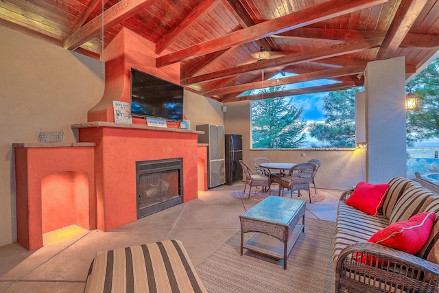 view of patio / terrace featuring a gazebo, outdoor dining area, and an outdoor living space with a fireplace