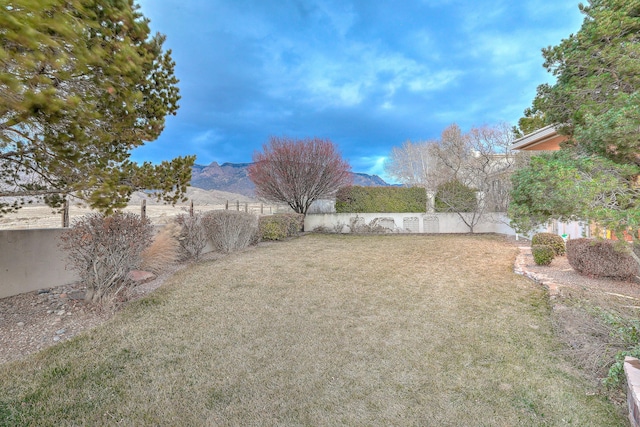 view of yard featuring a fenced backyard and a mountain view