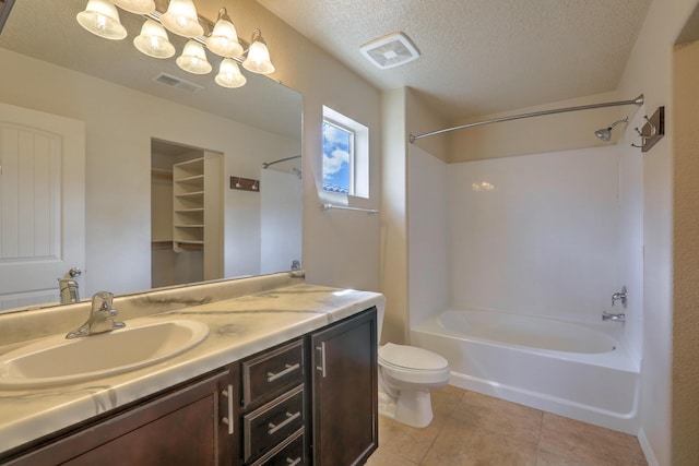 full bathroom featuring a textured ceiling, tile patterned floors, visible vents, and shower / washtub combination