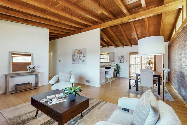 living area with wooden ceiling, beamed ceiling, and visible vents