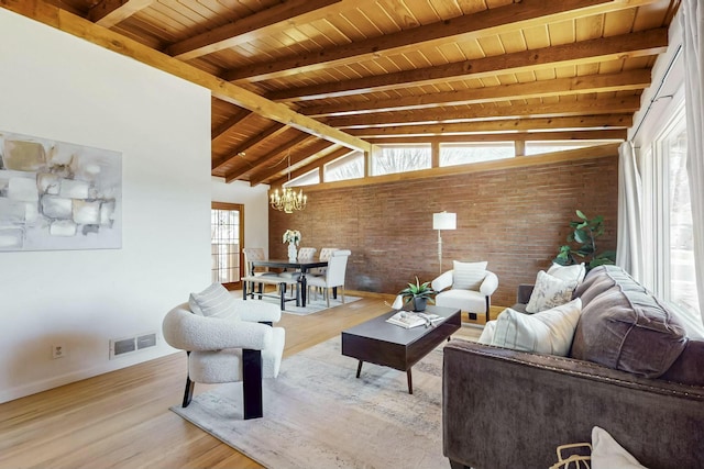 living room with lofted ceiling with beams, light wood-style floors, visible vents, and wooden ceiling