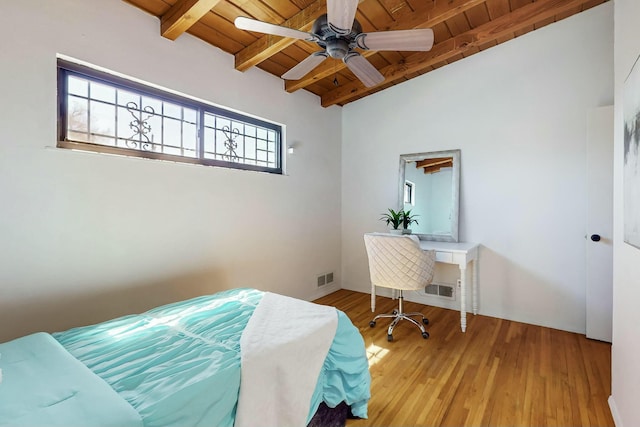 bedroom featuring visible vents, vaulted ceiling with beams, ceiling fan, wood ceiling, and wood finished floors