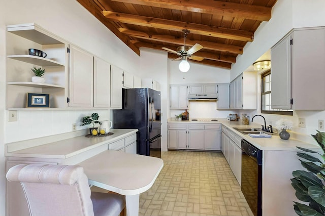 kitchen featuring ceiling fan, a sink, black appliances, light countertops, and wooden ceiling