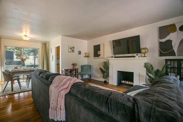 living room with dark wood finished floors and a fireplace