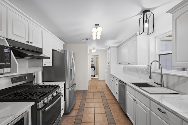 kitchen featuring visible vents, under cabinet range hood, a sink, appliances with stainless steel finishes, and white cabinets