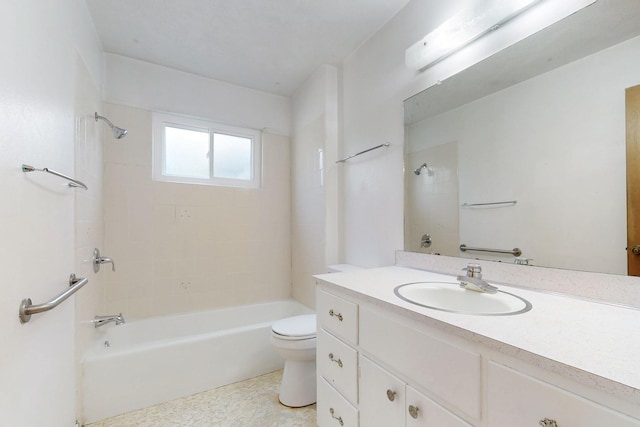 bathroom featuring toilet, vanity, and  shower combination