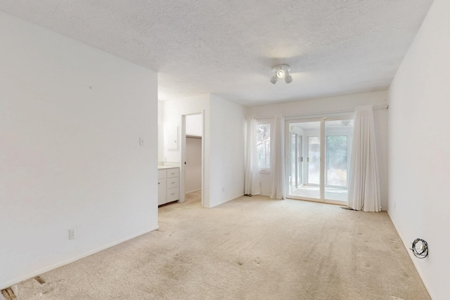 empty room with light carpet and a textured ceiling