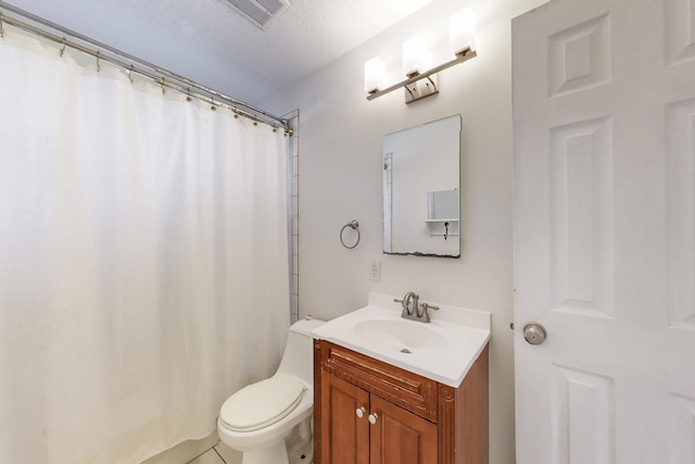 bathroom with visible vents, toilet, vanity, and a shower with curtain