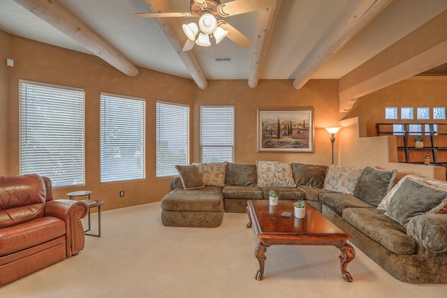 carpeted living area featuring beamed ceiling, a ceiling fan, and visible vents