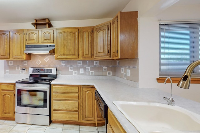 kitchen with stainless steel electric stove, a sink, black dishwasher, under cabinet range hood, and backsplash