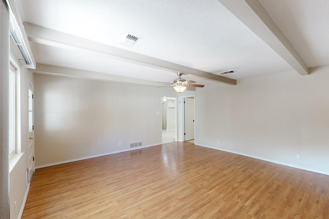 empty room with visible vents, beamed ceiling, a ceiling fan, and light wood finished floors