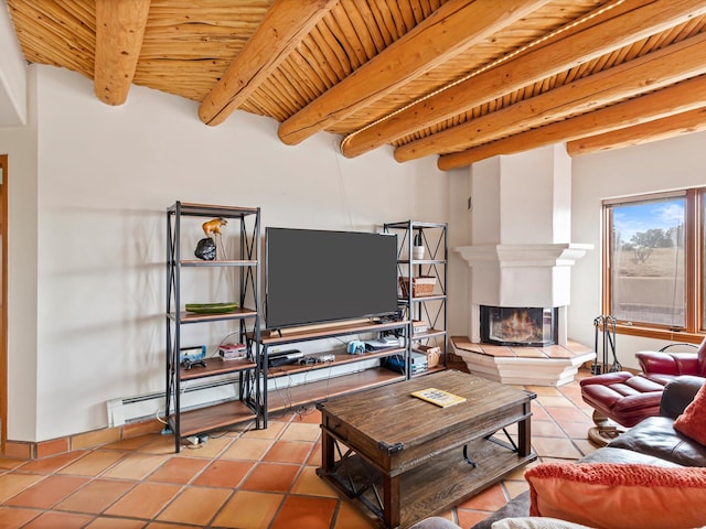 tiled living area with beam ceiling, a glass covered fireplace, baseboard heating, and wood ceiling