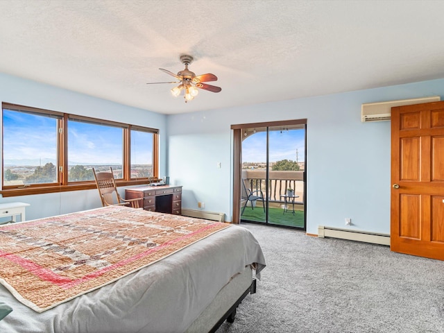 carpeted bedroom featuring access to exterior, baseboard heating, a textured ceiling, a wall mounted AC, and a baseboard radiator