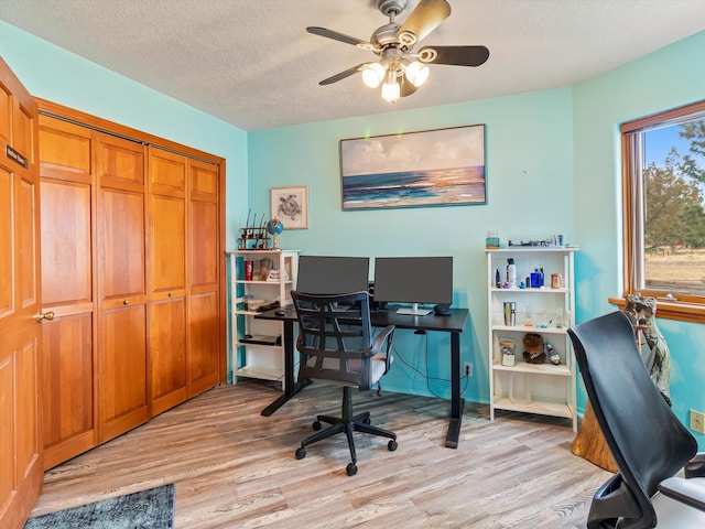 office area featuring light wood-style flooring, a textured ceiling, and a ceiling fan