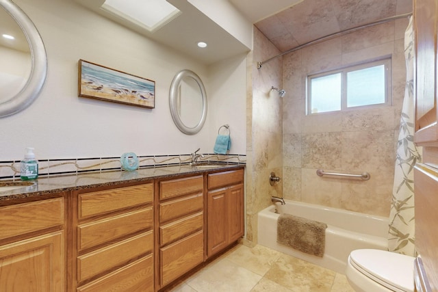 full bathroom with vanity, recessed lighting, tile patterned flooring, toilet, and shower / tub combo with curtain