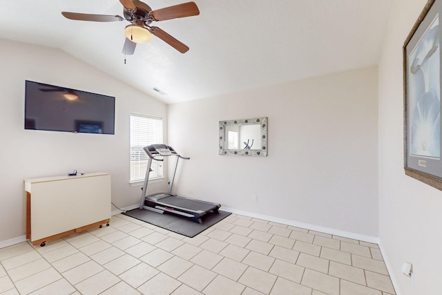 workout room featuring visible vents, baseboards, light tile patterned flooring, lofted ceiling, and ceiling fan