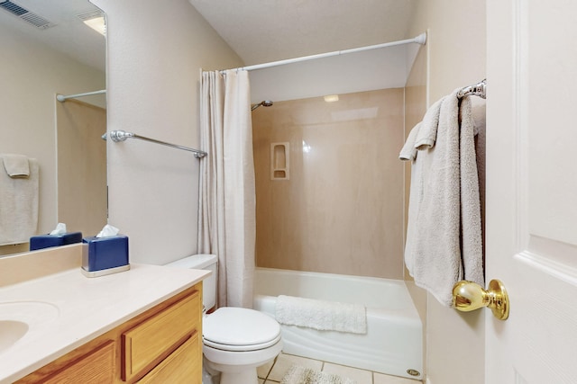 bathroom featuring tile patterned floors, shower / bathtub combination with curtain, visible vents, toilet, and vanity