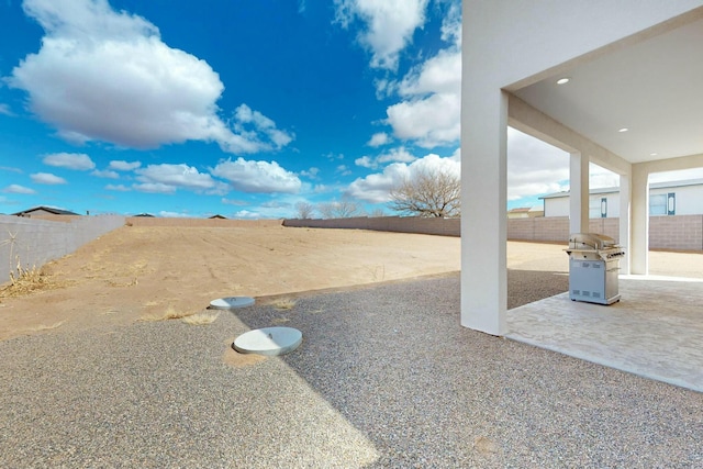 view of yard with a patio and a fenced backyard