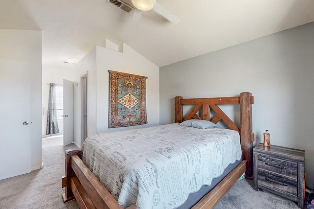 bedroom with vaulted ceiling, carpet flooring, a ceiling fan, and visible vents