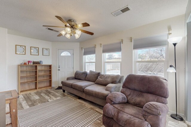 living room featuring a wealth of natural light, visible vents, light wood-style floors, and ceiling fan