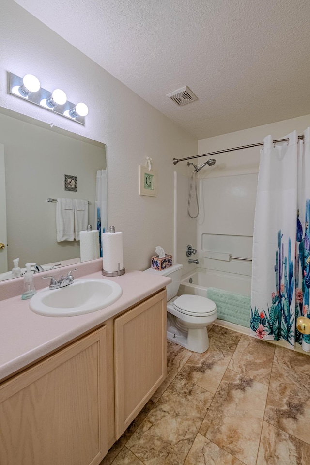 full bathroom featuring vanity, visible vents, shower / bath combination with curtain, a textured ceiling, and toilet