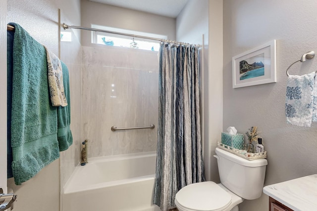 bathroom featuring shower / bathtub combination with curtain, toilet, vanity, and a textured wall