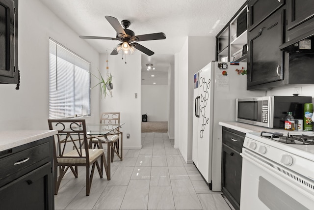 kitchen with gas range gas stove, ceiling fan, light countertops, stainless steel microwave, and dark cabinets