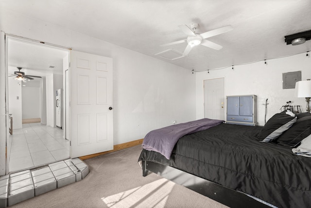 carpeted bedroom with electric panel, baseboards, and ceiling fan