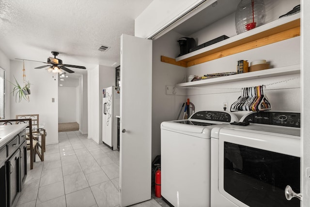 washroom with visible vents, laundry area, ceiling fan, a textured ceiling, and washer and clothes dryer