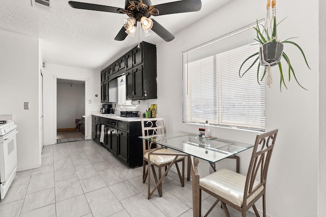 kitchen with white gas range, dark cabinetry, a ceiling fan, and light countertops