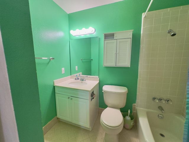 full bath with vanity, baseboards, shower / bath combo, tile patterned flooring, and toilet