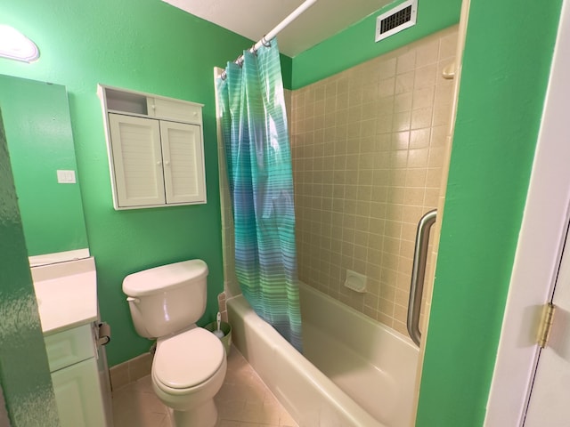 full bathroom with visible vents, shower / bathtub combination with curtain, toilet, tile patterned flooring, and vanity