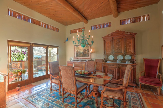 dining space featuring beam ceiling, a high ceiling, light tile patterned floors, and wood ceiling