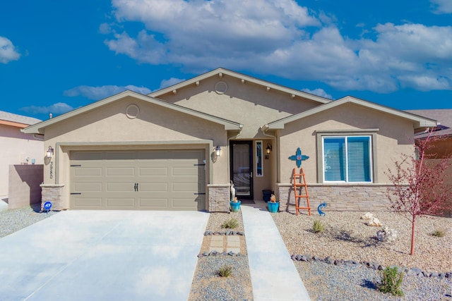 single story home featuring stone siding, stucco siding, an attached garage, and concrete driveway