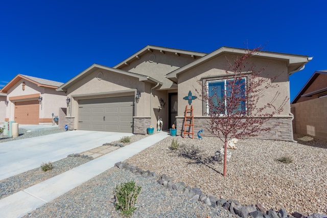 ranch-style home featuring stone siding, stucco siding, an attached garage, and driveway