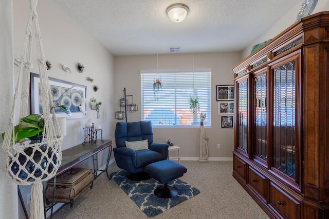 living area featuring baseboards, visible vents, carpet floors, and a textured ceiling