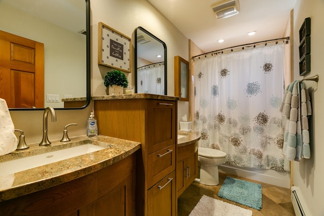 bathroom featuring vanity, visible vents, shower / bath combination with curtain, a baseboard heating unit, and toilet