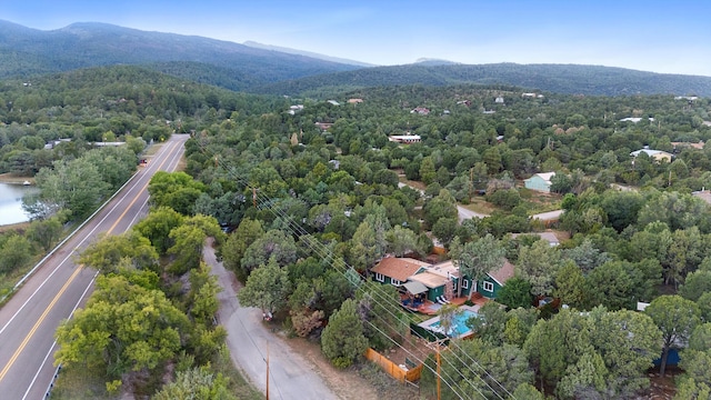 birds eye view of property with a mountain view and a forest view