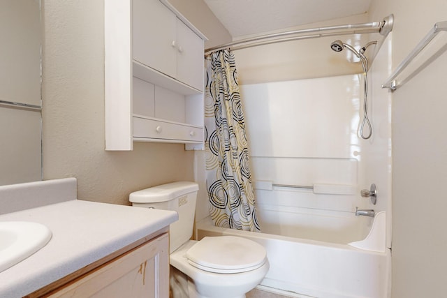 bathroom with shower / tub combo, toilet, and vanity