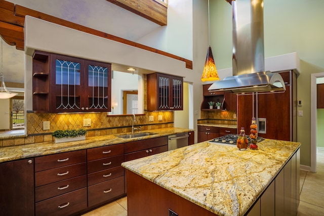 kitchen with a sink, appliances with stainless steel finishes, island exhaust hood, and open shelves