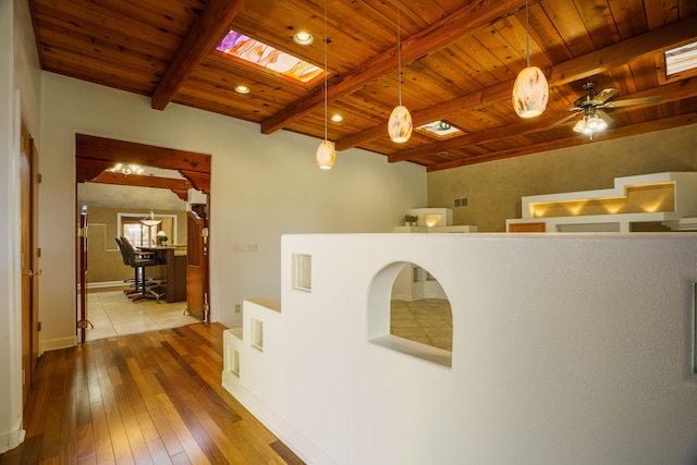 hall with beamed ceiling, wood ceiling, visible vents, and hardwood / wood-style flooring