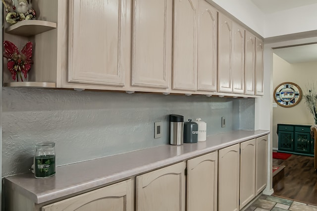 kitchen with open shelves and light countertops