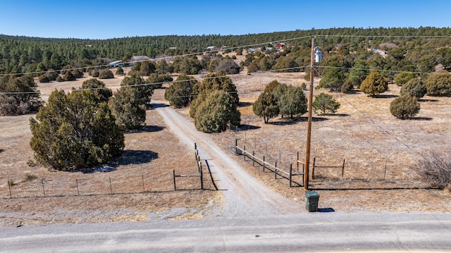 birds eye view of property featuring a forest view and a rural view