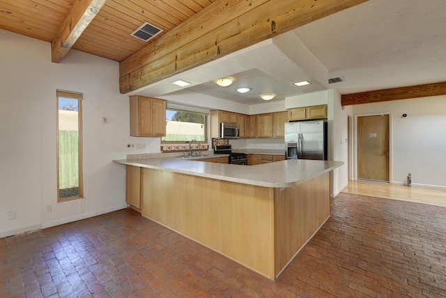 kitchen with visible vents, beam ceiling, stainless steel appliances, a peninsula, and light countertops