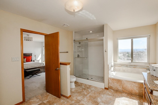 ensuite bathroom featuring visible vents, a stall shower, toilet, and a garden tub