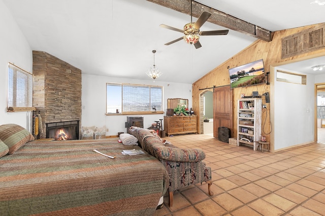 bedroom featuring lofted ceiling with beams, wooden walls, a fireplace, and tile patterned flooring