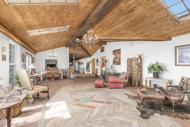 living room with visible vents, wood ceiling, a chandelier, and vaulted ceiling with beams