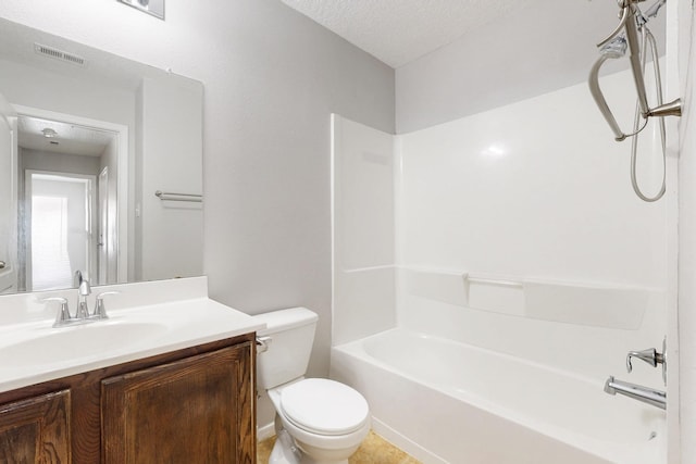 full bath featuring visible vents, toilet, a textured ceiling, shower / bath combination, and vanity