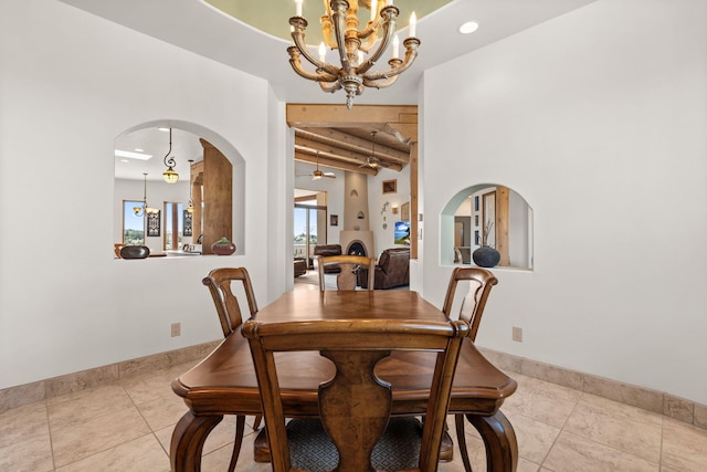 dining space featuring recessed lighting, tile patterned flooring, an inviting chandelier, beamed ceiling, and baseboards